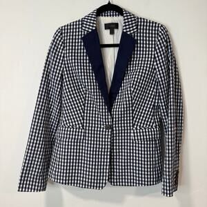 J. Crew Women's Blazer Jacket Puckered Gingham Check Navy Blue White 6 Cotton
